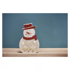 LED karácsonyi hóember, fa, 30 cm, 2x AA, beltéri, meleg fehér, időzítő