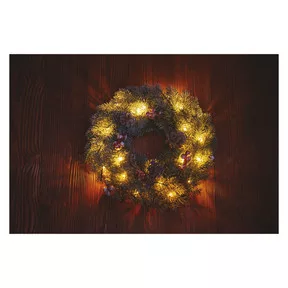 LED karácsonyi koszorú, havas, 38 cm, 2x AA, beltéri, meleg fehér, időzítő