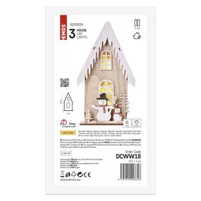 LED dekoráció, fa – házikó hóemberekkel, 28,5 cm, 2x AA, beltéri, meleg fehér, időzítő
