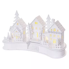 LED dekoráció, fa, fehér – falu, 16 cm, 2x AA, beltéri, meleg fehér, időzítő