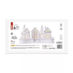 LED dekoráció, fa, fehér – falu, 16 cm, 2x AA, beltéri, meleg fehér, időzítő