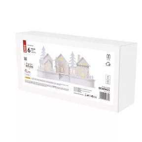 LED dekoráció, fa, fehér – falu, 16 cm, 2x AA, beltéri, meleg fehér, időzítő