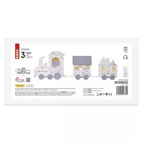 LED dekoráció, fa – vonat, 2x AA, 14 cm, beltéri, meleg fehér, időzítő