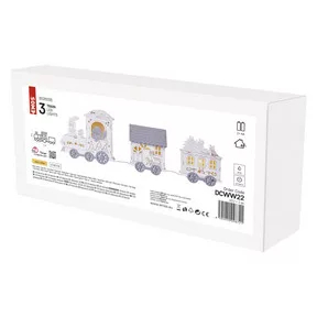 LED dekoráció, fa – vonat, 2x AA, 14 cm, beltéri, meleg fehér, időzítő