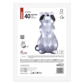LED dekoráció – világító mosómedve, 39 cm, kültéri és beltéri, hideg fehér, időzítő
