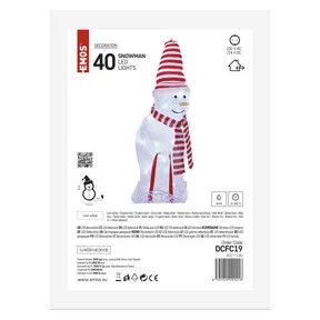 LED karácsonyi hóember sállal és sapkával, 46 cm, kültéri és beltéri, hideg fehér, időzítő