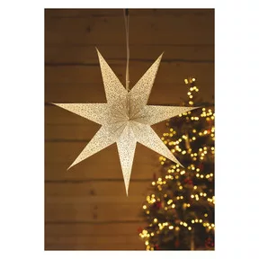 LED papírcsillag, függeszthető, ezüst csillámporos középen, fehér, 60 cm, beltéri