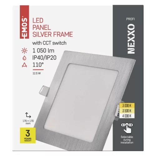 LED süllyesztett lámpatest NEXXO, négyzet, ezüst, 12W, CCT