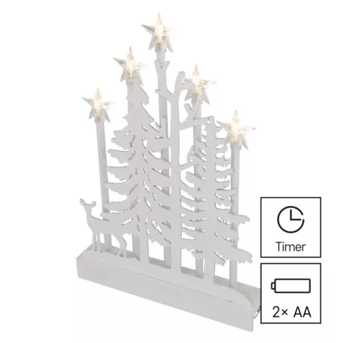 LED dekoráció, fa – erdő csillagokkal, 35,5 cm, 2x AA, beltéri, meleg fehér, időzítő