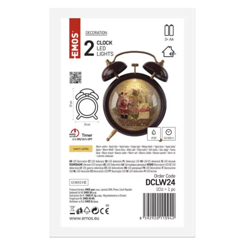 LED dekoráció – karácsonyi hógömb ébresztőóra, 19 cm, 3x AA, beltéri, meleg fehér, időzítő