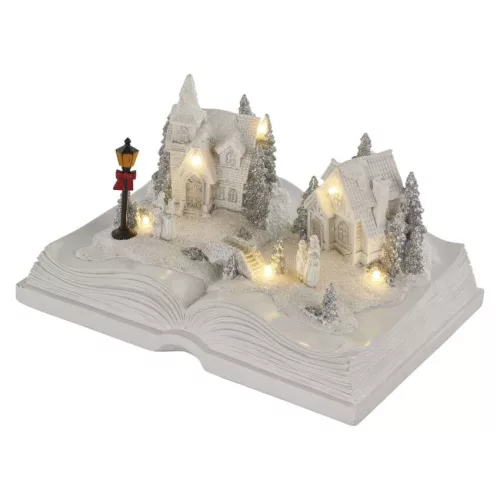 LED karácsonyi falu – könyv, 12,5 cm, 3× AA, beltérre, meleg fehér