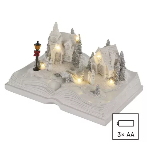LED karácsonyi falu – könyv, 12,5 cm, 3× AA, beltérre, meleg fehér