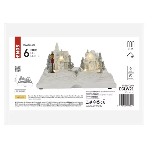 LED karácsonyi falu – könyv, 12,5 cm, 3× AA, beltérre, meleg fehér