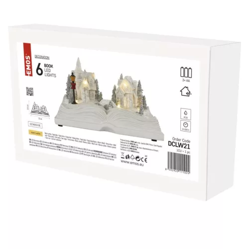 LED karácsonyi falu – könyv, 12,5 cm, 3× AA, beltérre, meleg fehér