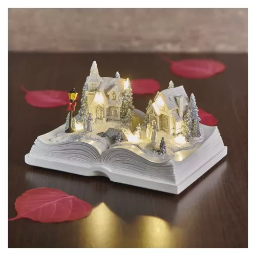 LED karácsonyi falu – könyv, 12,5 cm, 3× AA, beltérre, meleg fehér