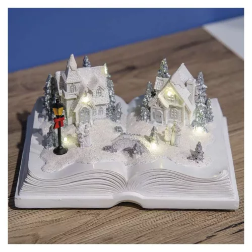 LED karácsonyi falu – könyv, 12,5 cm, 3× AA, beltérre, meleg fehér