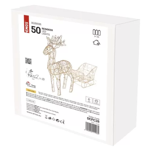 LED szán rénszarvasokkal – 47 cm, 3x AA, beltéri, meleg fehér, időzítő