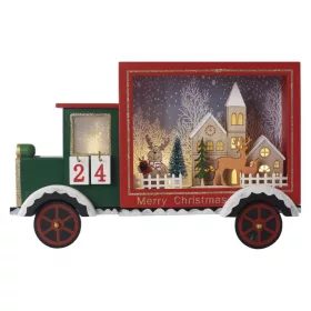   LED adventi naptár, fa autó, 20x30,5 cm, 2x AA, beltéri, meleg fehér, időzítő