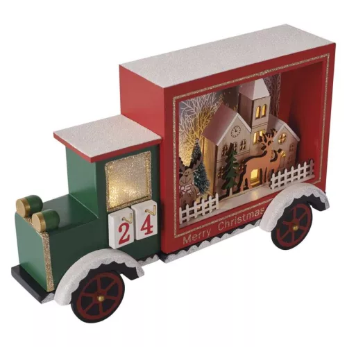 LED adventi naptár, fa autó, 20x30,5 cm, 2x AA, beltéri, meleg fehér, időzítő