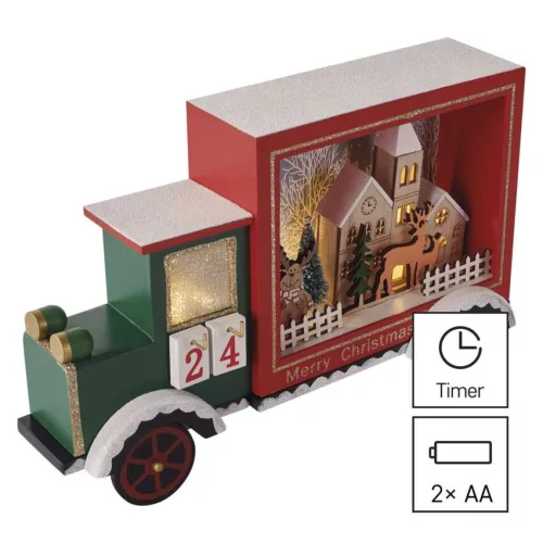 LED adventi naptár, fa autó, 20x30,5 cm, 2x AA, beltéri, meleg fehér, időzítő