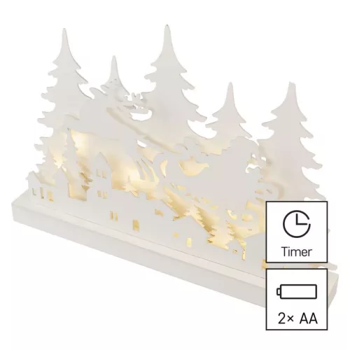 LED dekoráció, fa – karácsonyi falu, 31 cm, 2x AA, beltéri, meleg fehér, időzítő