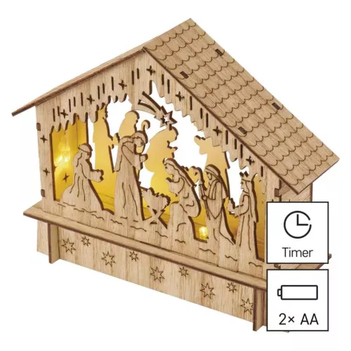 LED karácsonyi betlehem, fa, 15 cm, 2x AA, beltéri, meleg fehér, időzítő