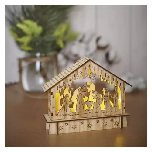 LED karácsonyi betlehem, fa, 15 cm, 2x AA, beltéri, meleg fehér, időzítő