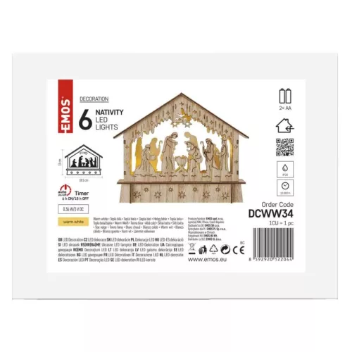 LED karácsonyi betlehem, fa, 15 cm, 2x AA, beltéri, meleg fehér, időzítő