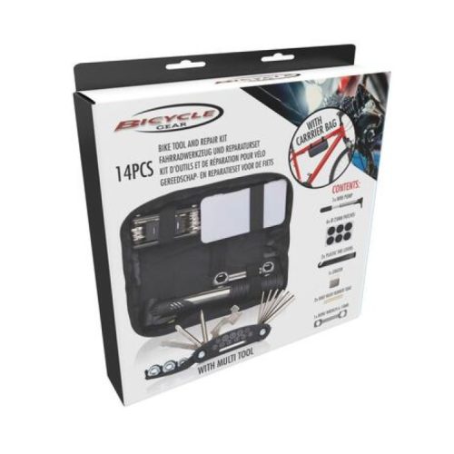 BICYCLE GEAR Kerékpár szerszám készlet 14 részes, vázhoz rögzíthető táskával
