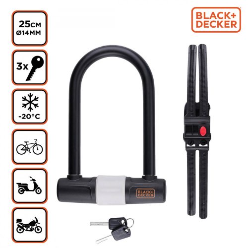 BLACK+DECKER Kerékpár U-lakat ⌀14mmx25cm, 1400g, 3 kulcs
