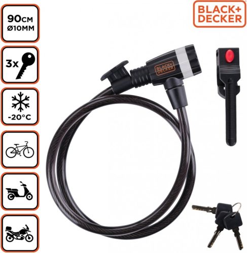 BLACK+DECKER Kerékpár kábelzár Ø1x90cm, 250g, 3 kulcs