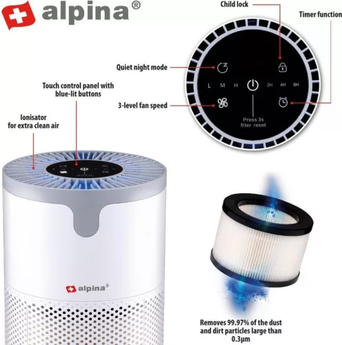 Alpina légtisztító ionizálóval - HEPA H13, 60 m³/h, 10m²-es helyiség, 32-50dB