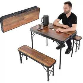   Enero Camp - fa összecsukható kempingasztal 90x60x70cm és 2 pad 87x23x39cm, barna/fekete