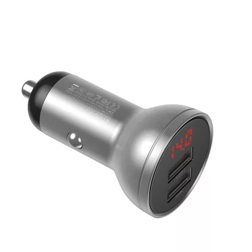 Baseus Digital Display Dual USB autóst szivargyújtős telefontöltő 4.8A 24W (CCBX-0s) ezüst