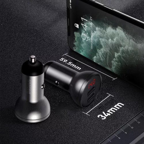 Baseus Digital Display Dual USB autóst szivargyújtős telefontöltő 4.8A 24W (CCBX-0s) ezüst