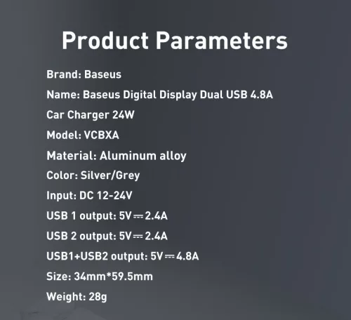 Baseus Digital Display Dual USB autóst szivargyújtős telefontöltő 4.8A 24W (CCBX-0s) ezüst