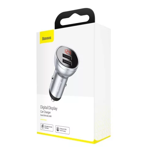 Baseus Digital Display Dual USB autóst szivargyújtős telefontöltő 4.8A 24W (CCBX-0s) ezüst