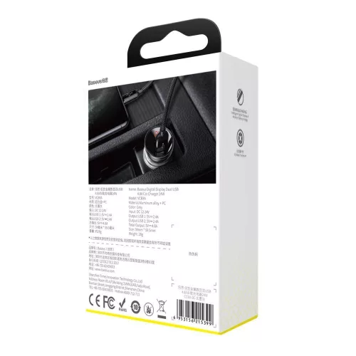 Baseus Digital Display Dual USB autóst szivargyújtős telefontöltő 4.8A 24W (CCBX-0s) ezüst