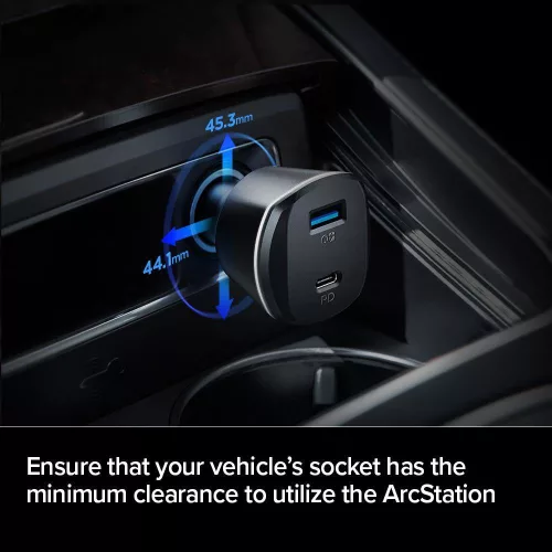 PowerArc by Spigen szivargyújtós telefontöltő, gyorstöltés(30W), USB-C, USB-A foglalat, fekete