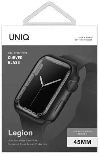 Apple Watch Series 7 (45mm) Uniq Legion okosóra tok beépített kijelzővédő üveggel, Fekete