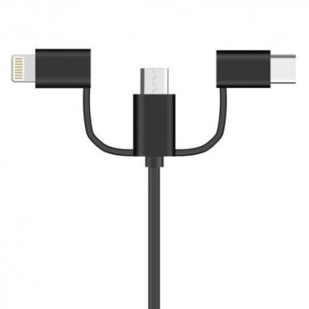 3in1 USB Type C / iPhone Lightning / Micro USB 1,2m töltőkábel, fekete
