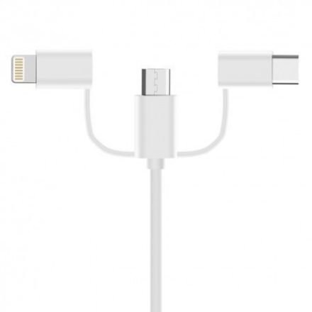 3in1 USB Type C / iPhone Lightning / Micro USB 1,2m töltőkábel, fehér