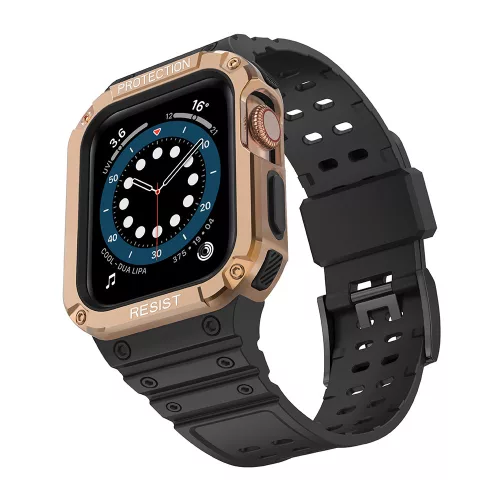 Apple Watch 4-6 / SE (44mm) / 7 (45mm) Protect Strap Band okosóra szíj ütésálló tokkal, Fekete