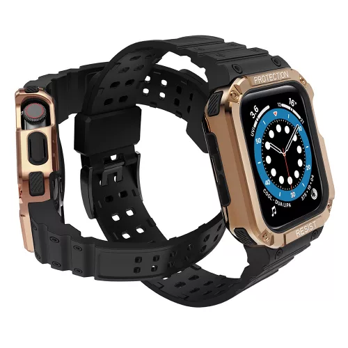 Apple Watch 4-6 / SE (44mm) / 7 (45mm) Protect Strap Band okosóra szíj ütésálló tokkal, Fekete