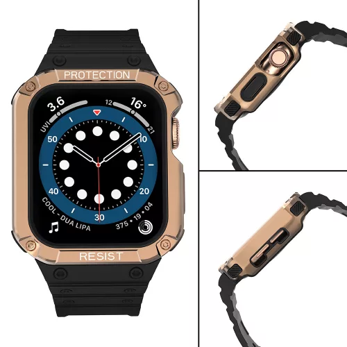 Apple Watch 4-6 / SE (44mm) / 7 (45mm) Protect Strap Band okosóra szíj ütésálló tokkal, Fekete