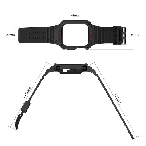 Apple Watch 4-6 / SE (44mm) / 7 (45mm) Protect Strap Band okosóra szíj ütésálló tokkal, Fekete