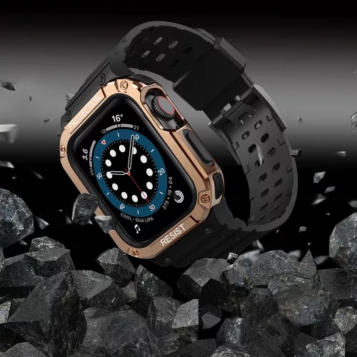 Apple Watch 4-6 / SE (44mm) / 7 (45mm) Protect Strap Band okosóra szíj ütésálló tokkal, Fekete