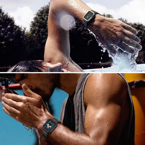 Apple Watch 4-6 / SE (44mm) / 7 (45mm) Protect Strap Band okosóra szíj ütésálló tokkal, Fekete