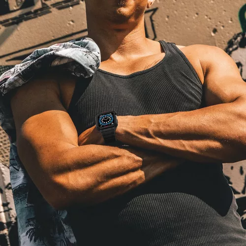 Apple Watch 4-6 / SE (44mm) / 7 (45mm) Protect Strap Band okosóra szíj ütésálló tokkal, Fekete