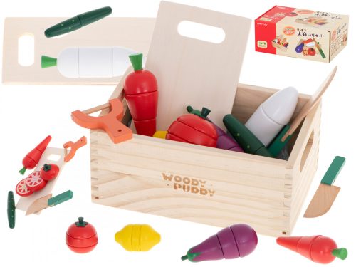 Set cutie din lemn cu legume, tocator si cutit iMK®, potrivita pentru joc de rol cu copiii